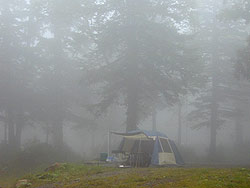 霧に包まれたテントサイト